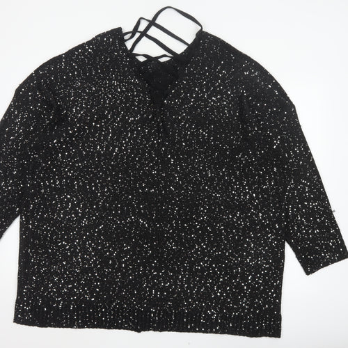 Yours Women’s Black Sequin Lace-Up Back 3/4 Sleeve Blouse UK 26-28