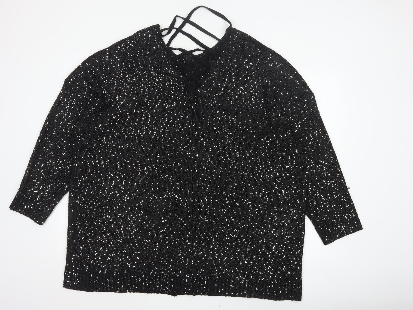Yours Women’s Black Sequin Lace-Up Back 3/4 Sleeve Blouse UK 26-28