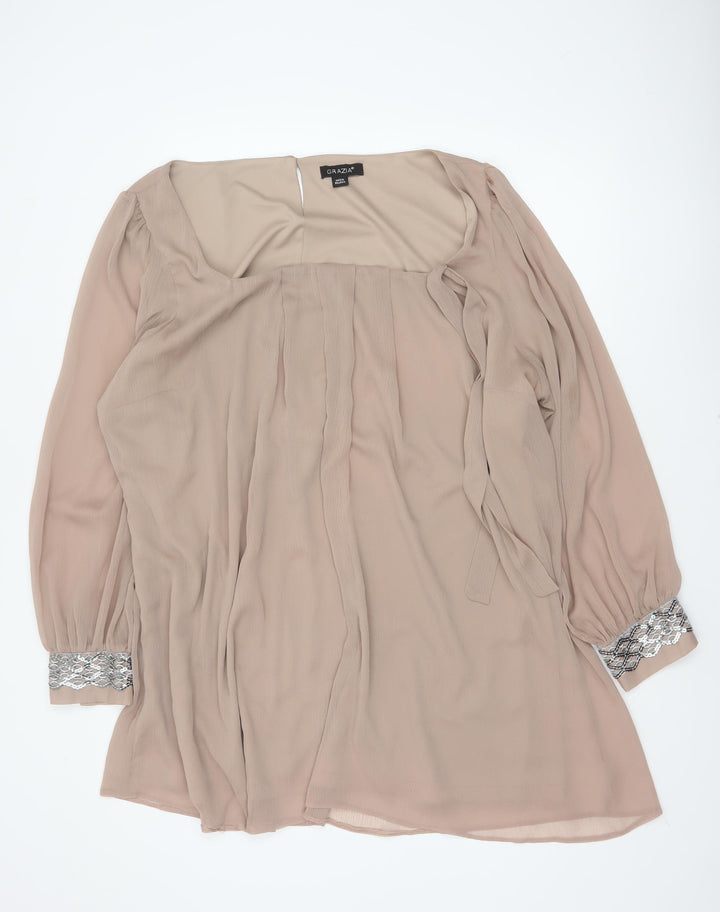 Grazia Women’s Beige UK 28 Sheer Beaded Cuff Tie Waist Blouse