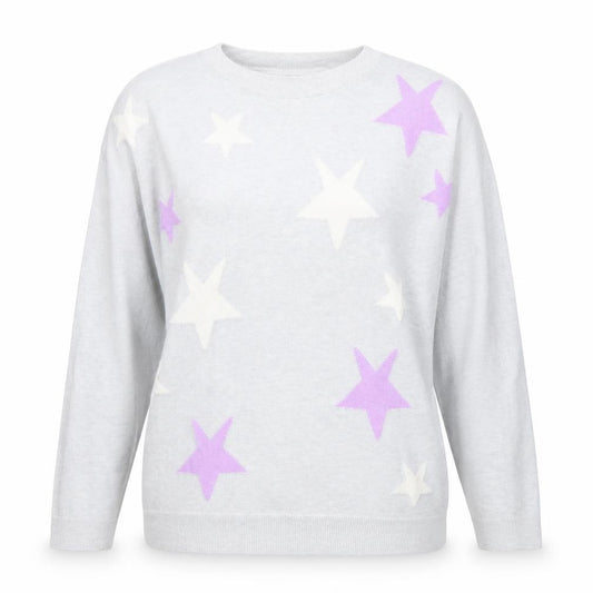 Front view of Dunnes Women’s Grey Pink White Star Knit Crew Neck Jumper, size M
