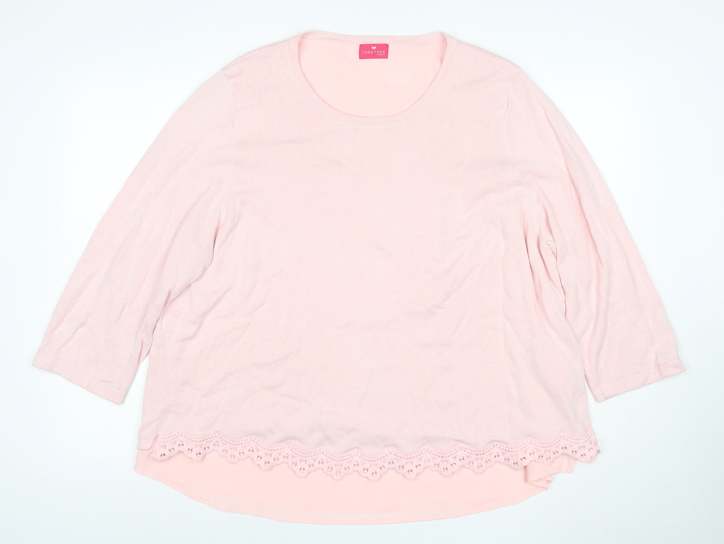 Together Women’s Pink UK 22 3/4 Sleeve Lace Hem Scoop Neck Jumper