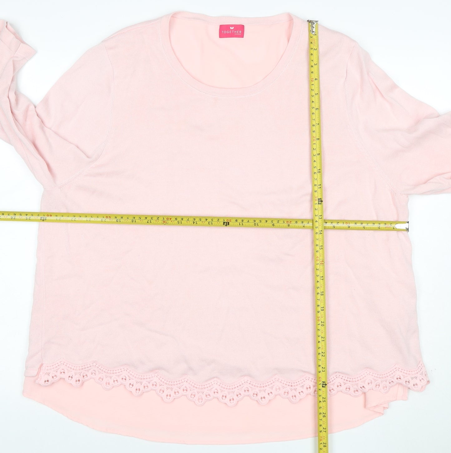 Together Women’s Pink UK 22 3/4 Sleeve Lace Hem Scoop Neck Jumper