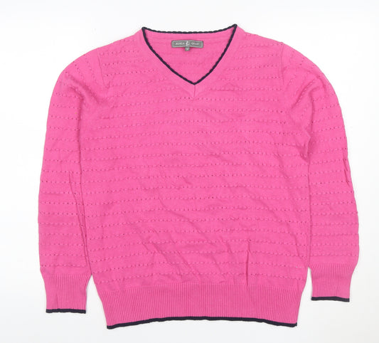 Jessica Graaf Women Pink Cotton V-Neck Open Knit Jumper Size M