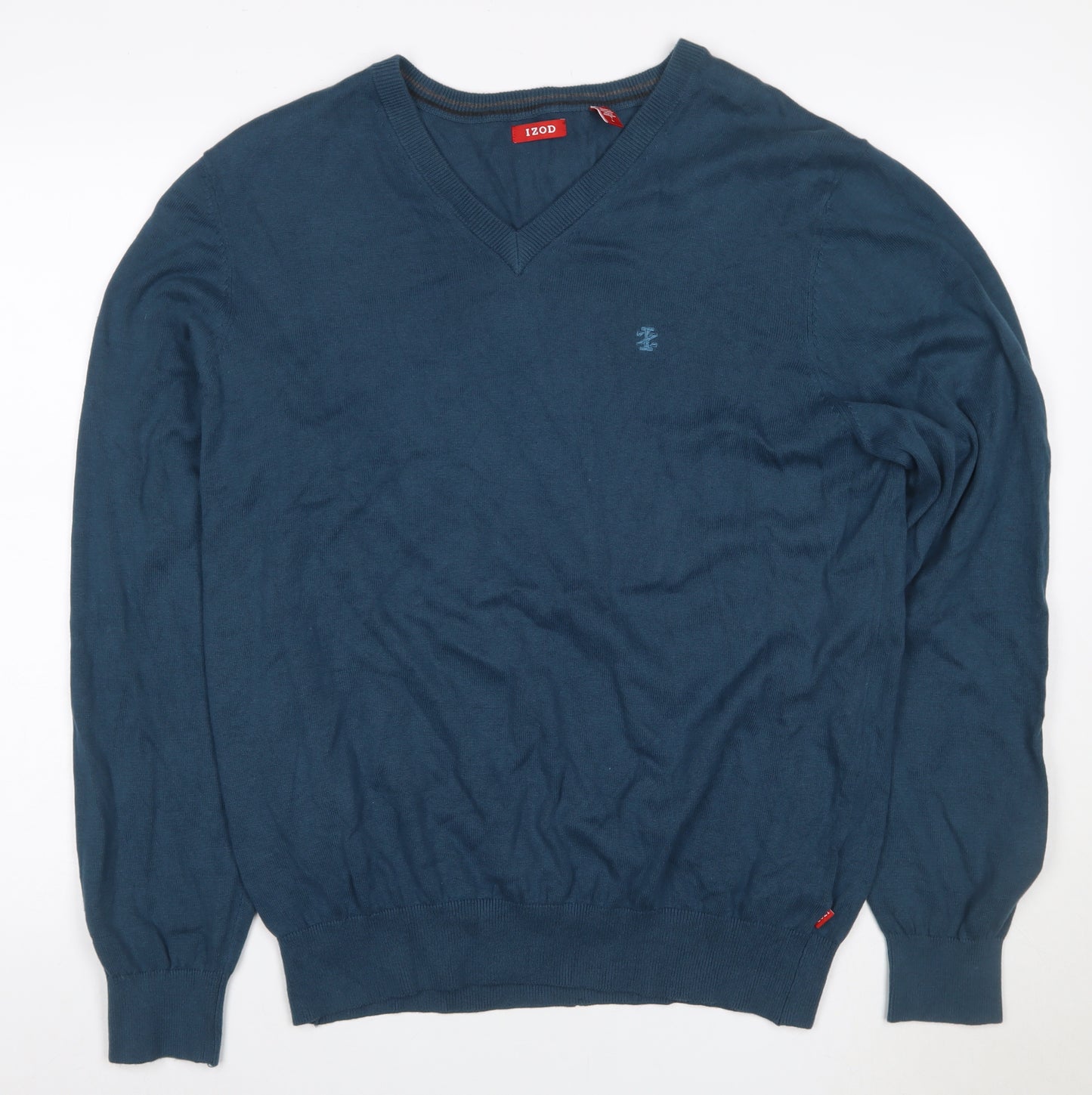 IZOD Men’s Blue L V-Neck Cotton Knit Logo Pullover Jumper
