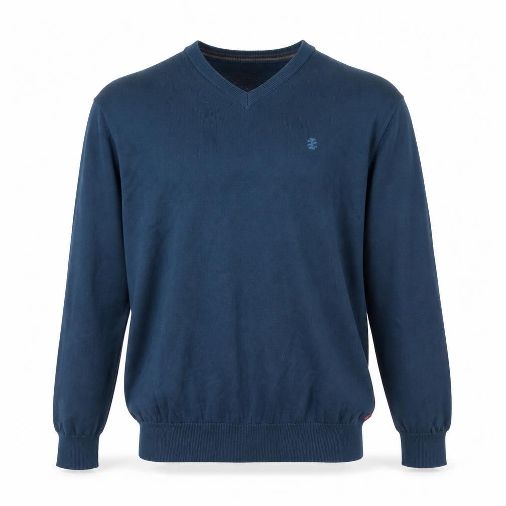 Front view of IZOD Men’s Blue L V-Neck Cotton Knit Logo jumper