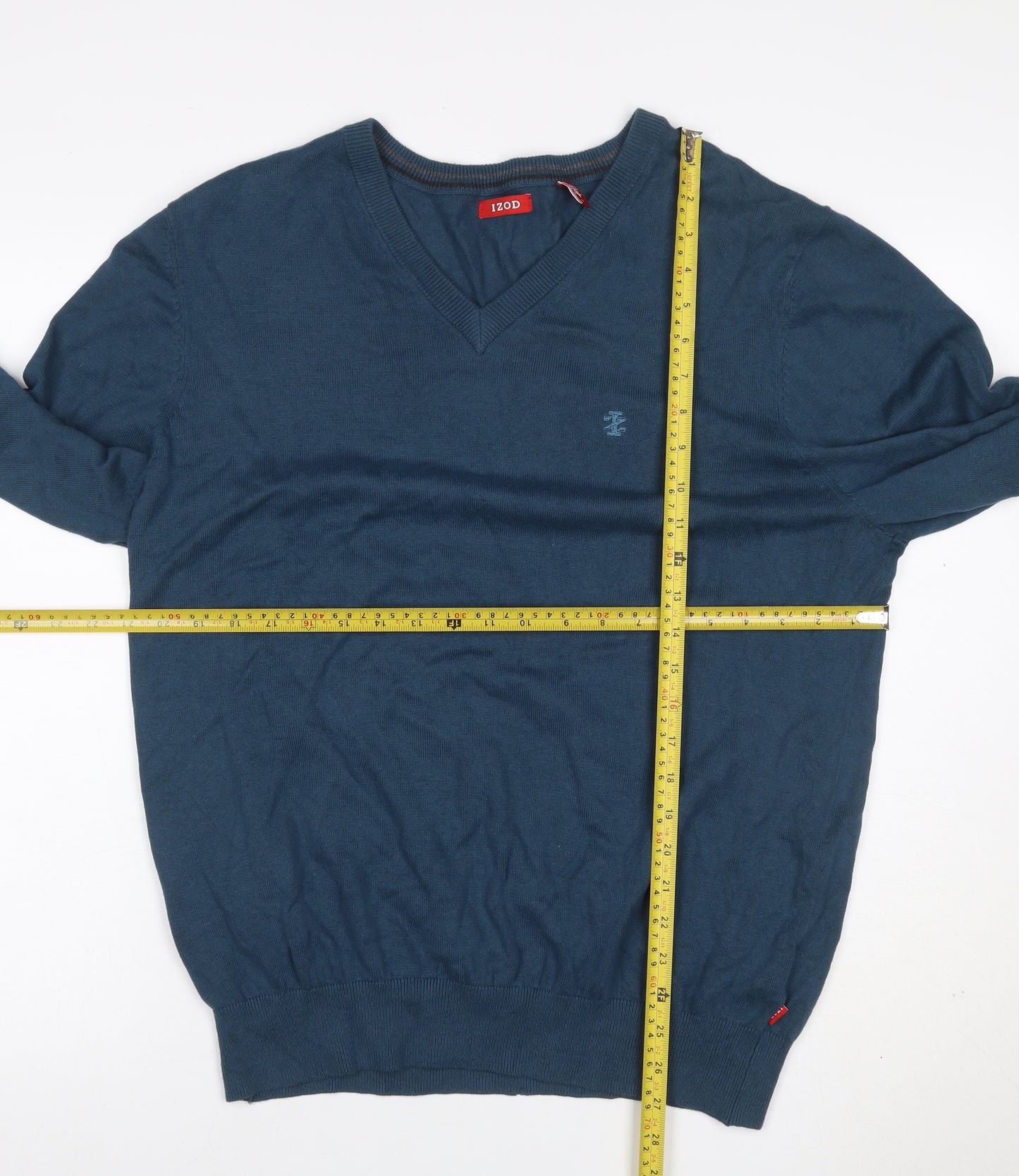 IZOD Men’s Blue L V-Neck Cotton Knit Logo Pullover Jumper