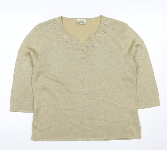 Eastex Women Gold Basic Embroidered V-Neck Knit Top UK 16/18