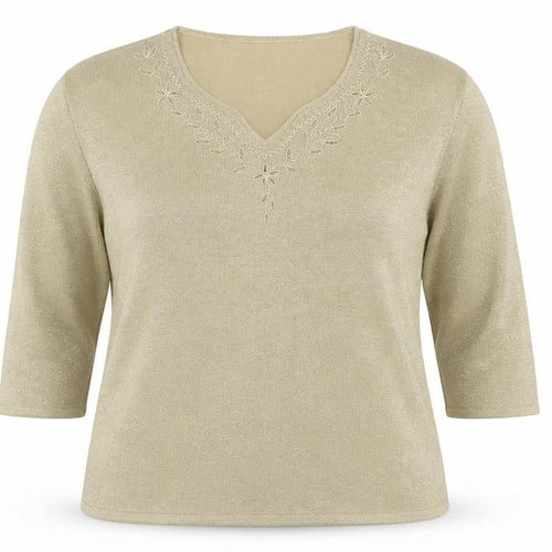 Eastex Women Gold Basic Embroidered V-Neck Knit Top UK 16/18