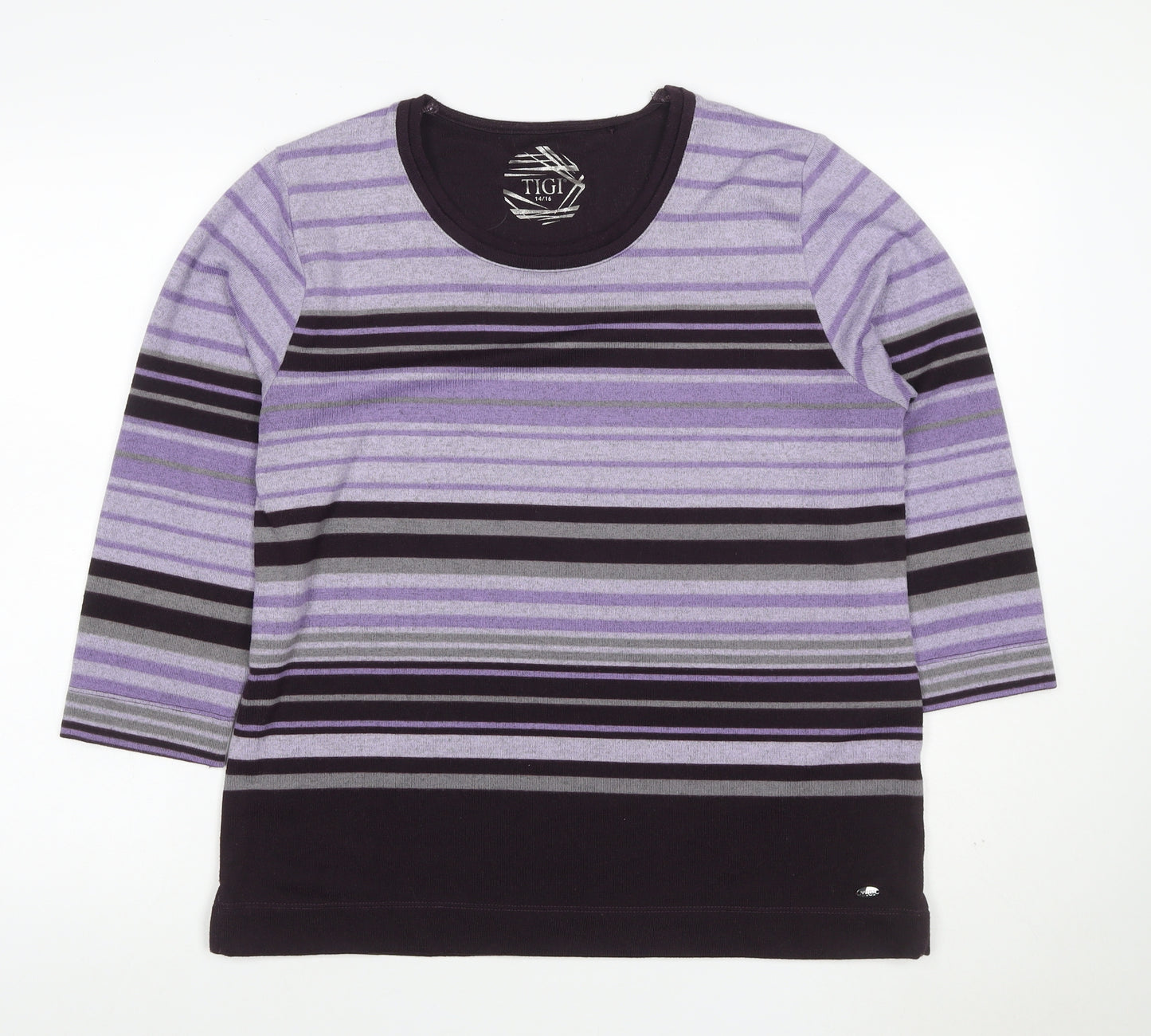 TIGI Women’s Purple Striped Knit Jumper Size 16 3/4 Sleeve
