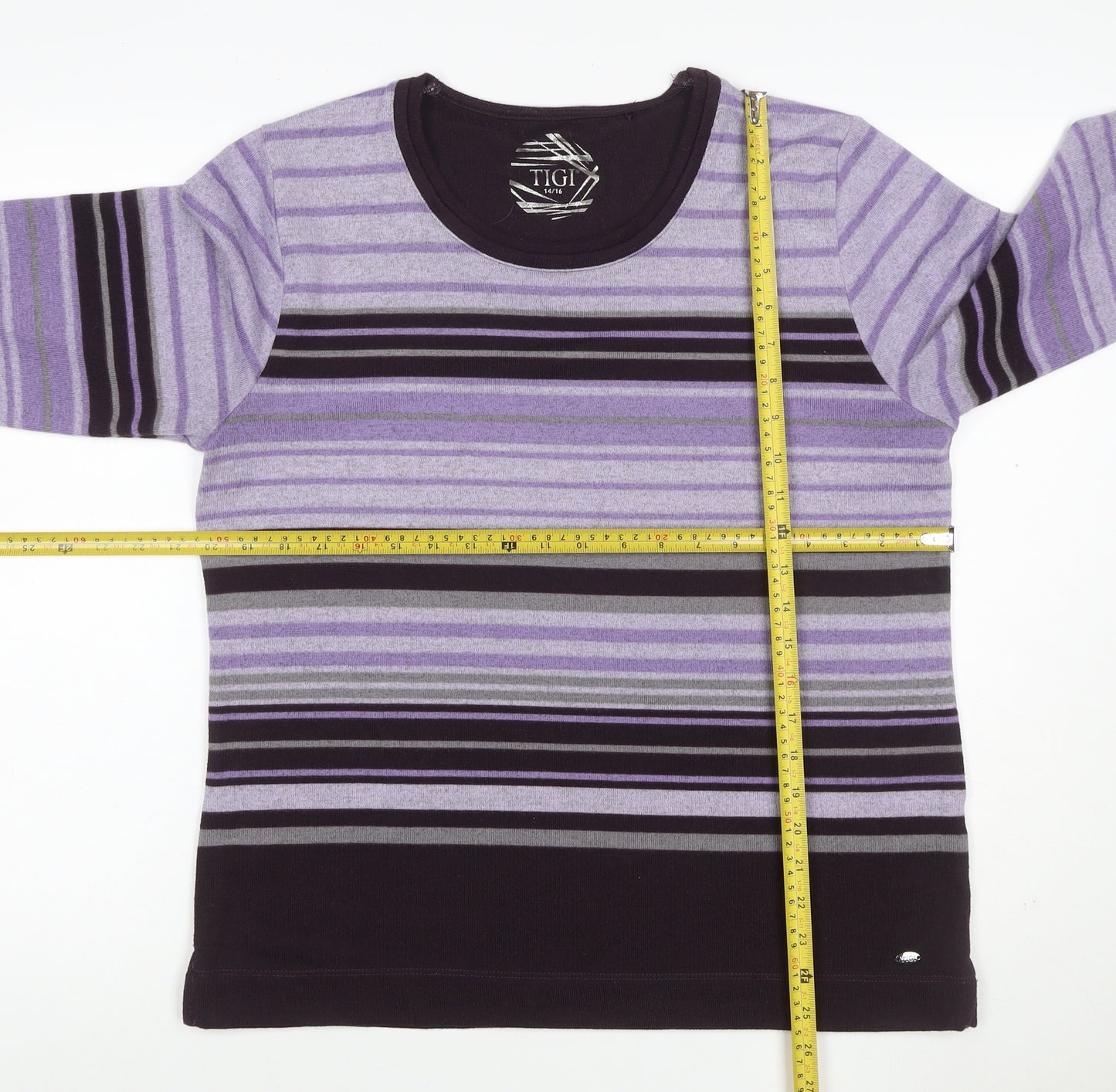 TIGI Women’s Purple Striped Knit Jumper Size 16 3/4 Sleeve