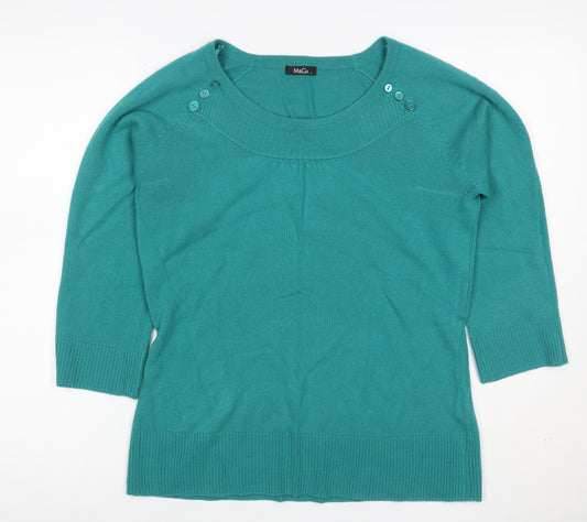M&Co Women Green L Knit 3/4 Sleeve Round Neck Button Detail Top