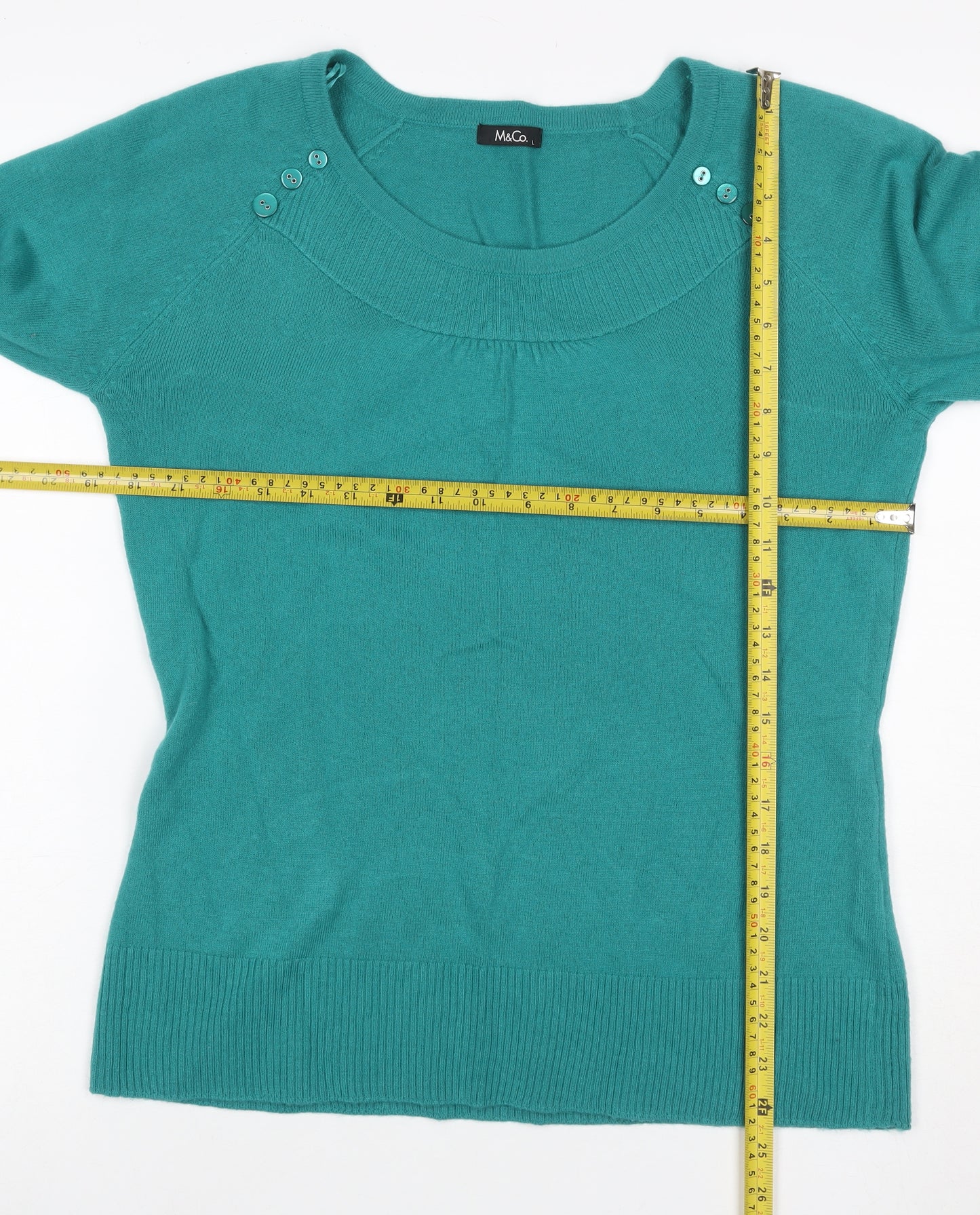 M&Co Women Green L Knit 3/4 Sleeve Round Neck Button Detail Top