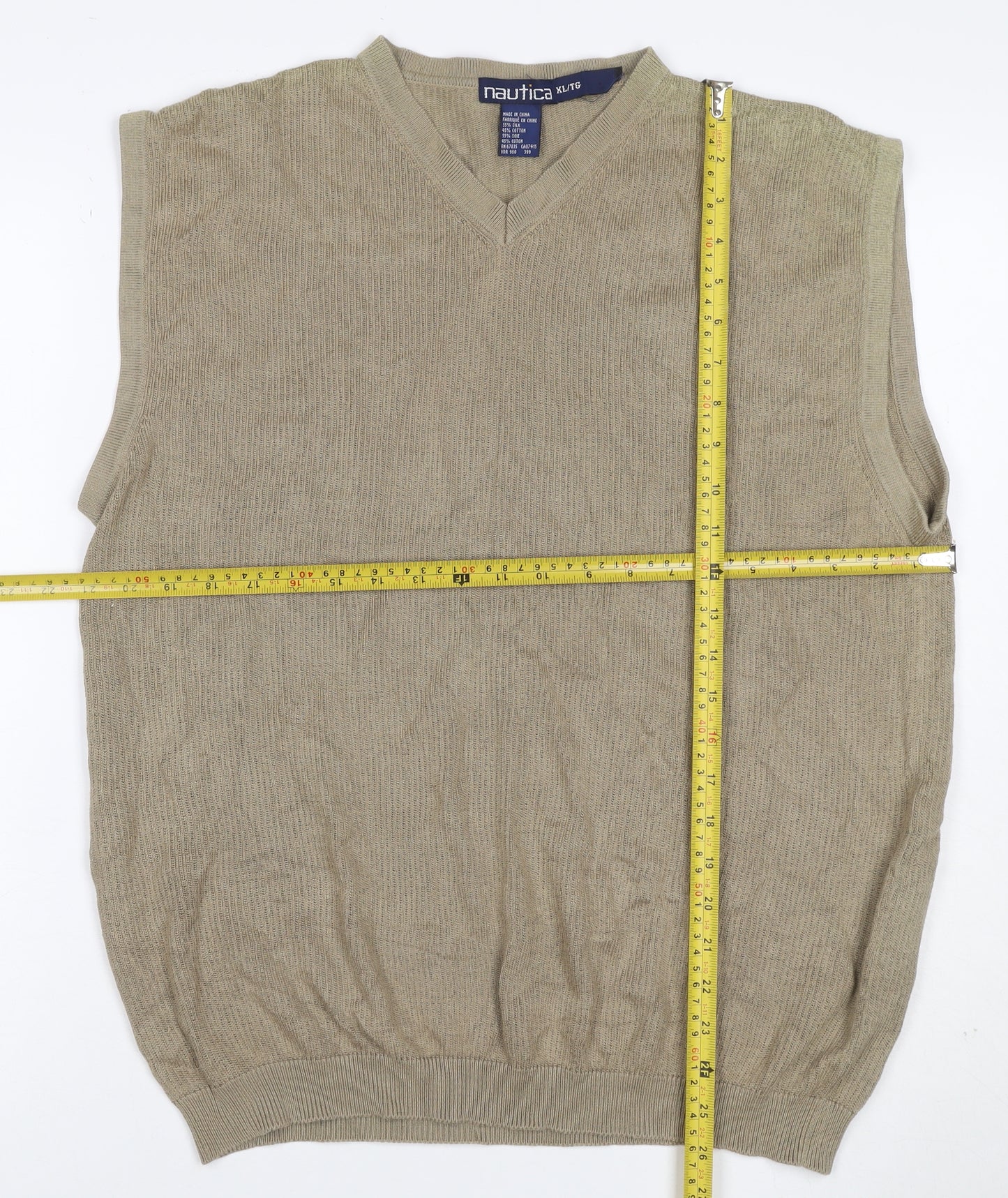 Nautica Men’s Beige XL Silk Cotton V-Neck Knit Jumper Vest