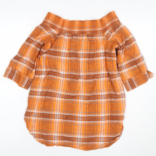 Next Women Orange Plaid Off Shoulder Button Blouse UK 8 3/4 Sleeve