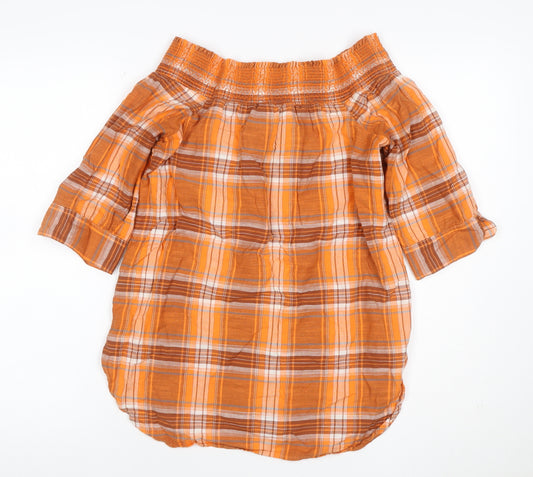Next Women Orange Plaid Off Shoulder Button Blouse UK 8 3/4 Sleeve