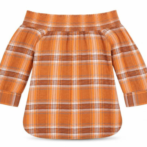 Next Women Orange Plaid Off Shoulder Button Blouse UK 8 3/4 Sleeve