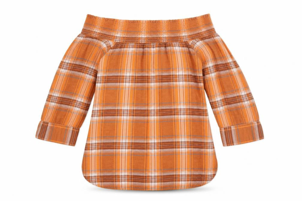 Next Women Orange Plaid Off Shoulder Button Blouse UK 8 3/4 Sleeve
