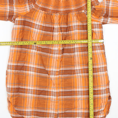 Next Women Orange Plaid Off Shoulder Button Blouse UK 8 3/4 Sleeve