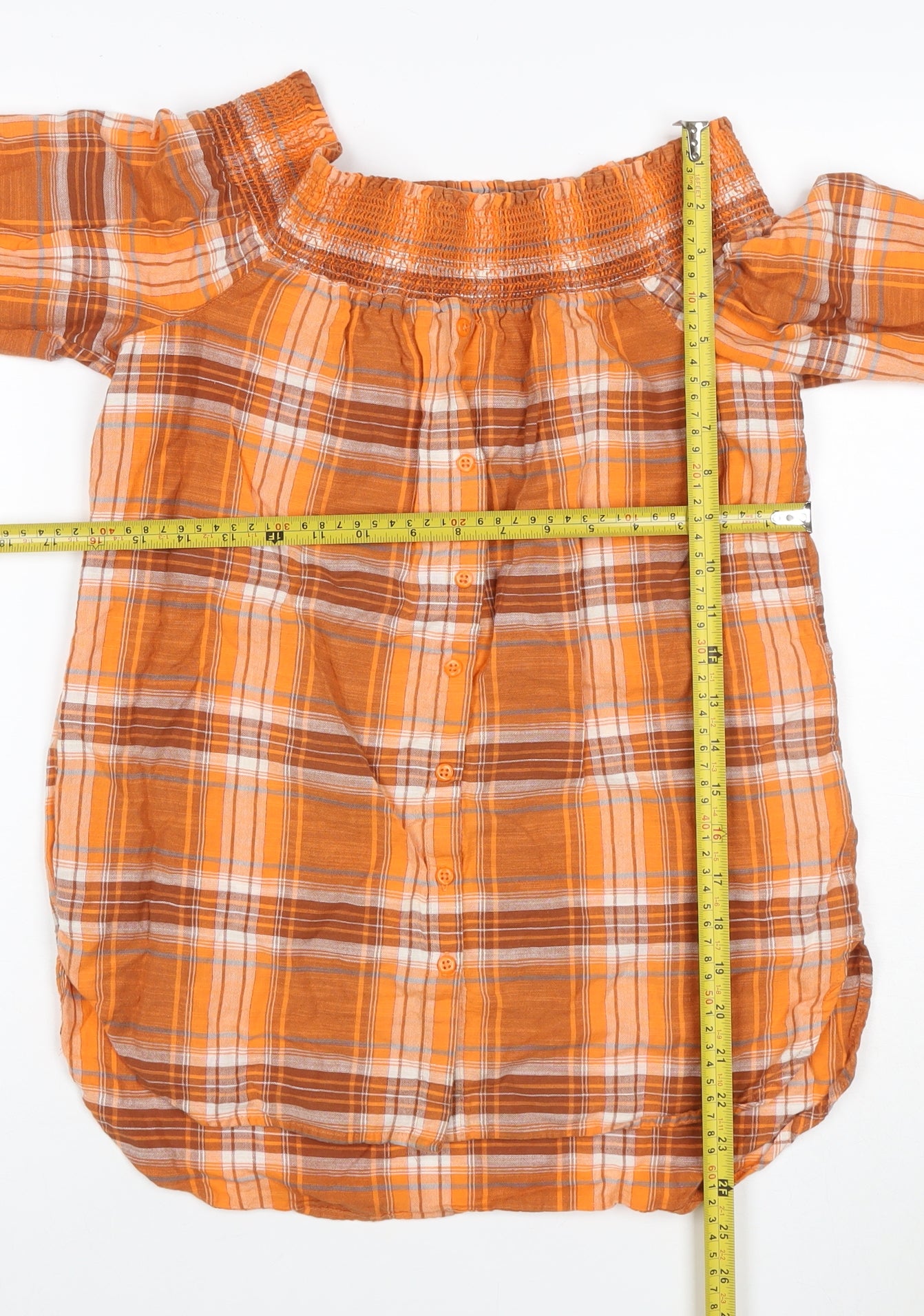 Next Women Orange Plaid Off Shoulder Button Blouse UK 8 3/4 Sleeve