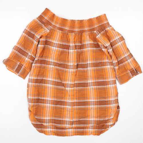 Next Women Orange Plaid Off Shoulder Button Blouse UK 8 3/4 Sleeve