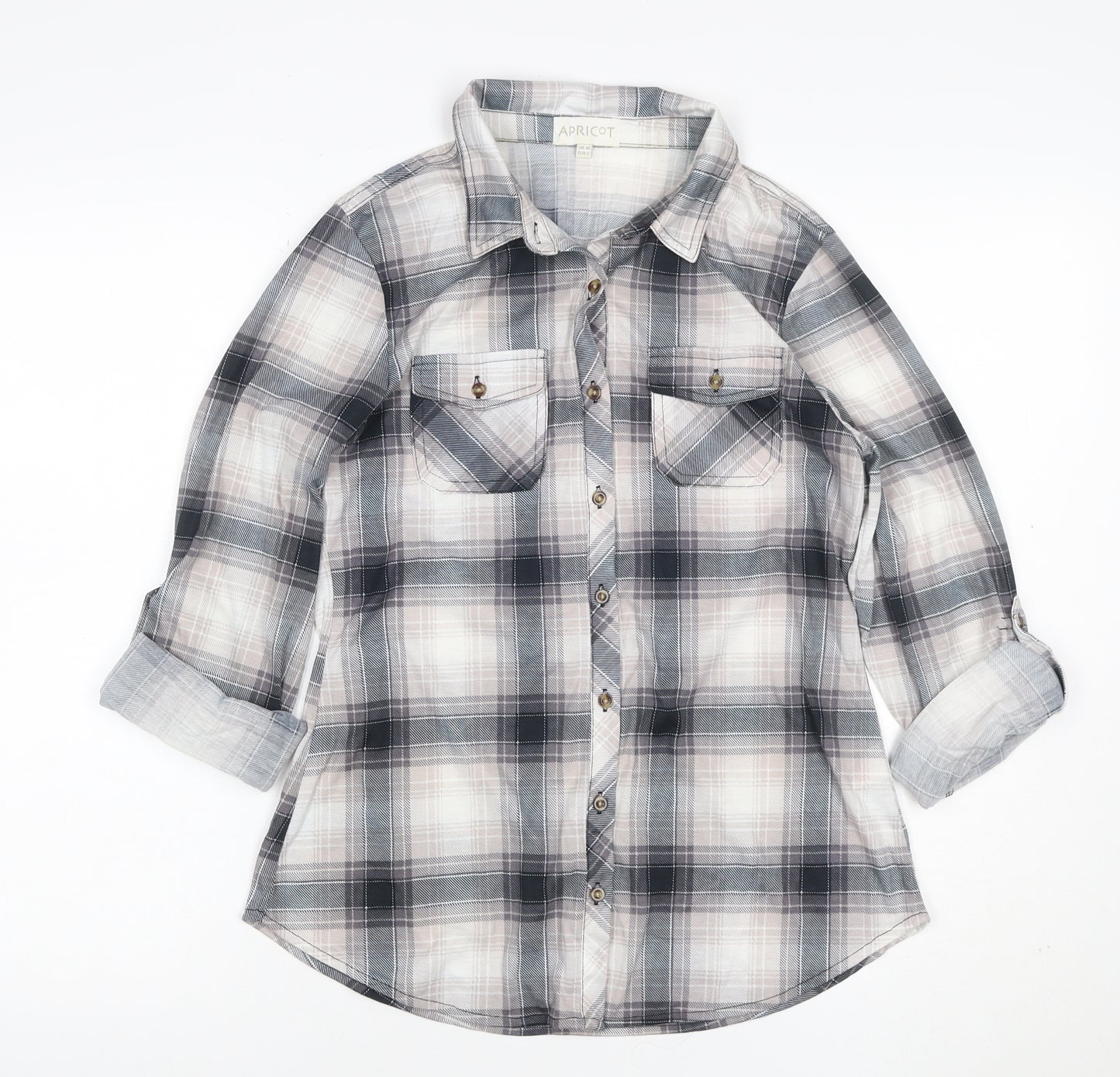 Apricot Women’s Grey Plaid Button-Up Shirt UK 10 Long Sleeve Pockets