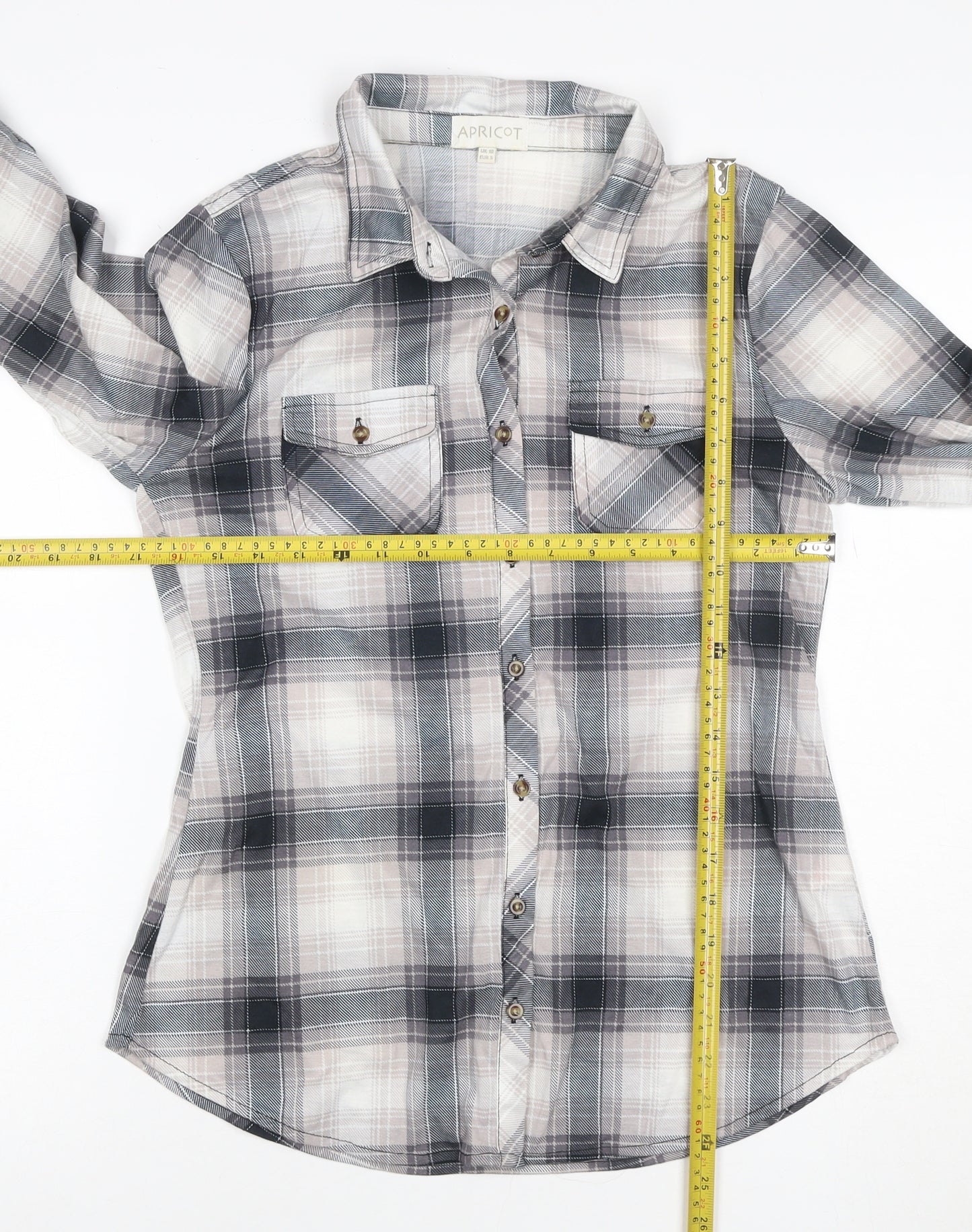 Apricot Women’s Grey Plaid Button-Up Shirt UK 10 Long Sleeve Pockets