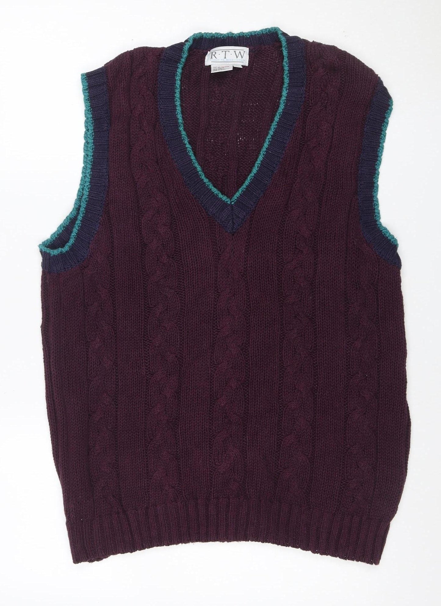 R.T.W. Mens Burgundy Cable Knit Cotton Blend Sleeveless Vest M
