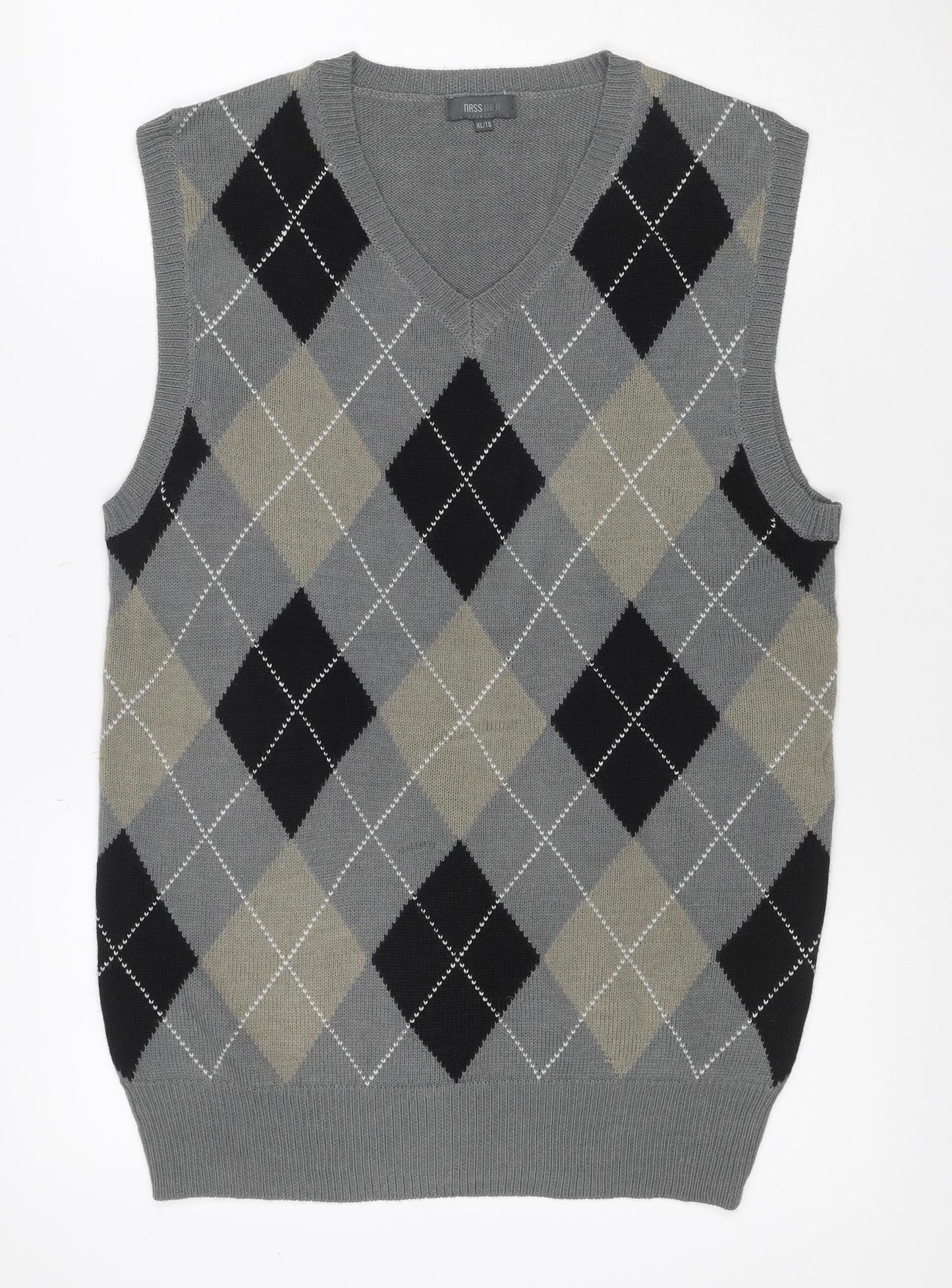Nass Men Grey XL Argyle V-Neck Knit Sweater Vest Wool Blend