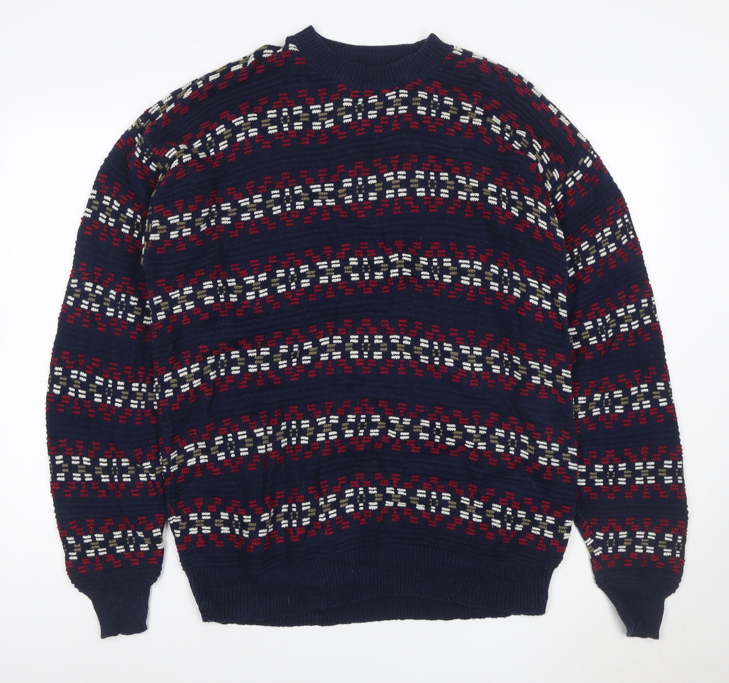 Robert Stock Men’s Blue Fair Isle Cotton Jumper Size L Retro 90s