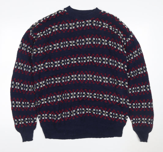Robert Stock Men’s Blue Fair Isle Cotton Jumper Size L Retro 90s