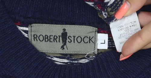 Robert Stock Men’s Blue Fair Isle Cotton Jumper Size L Retro 90s
