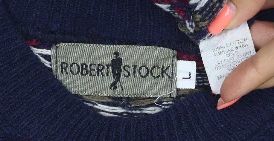 Robert Stock Men’s Blue Fair Isle Cotton Jumper Size L Retro 90s