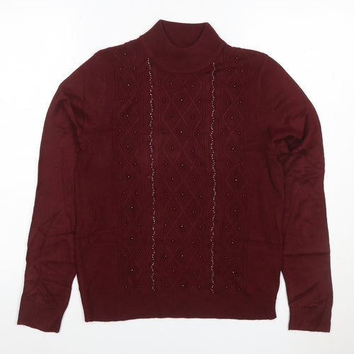 Tradition Women’s Burgundy UK 8 Roll Neck Argyle Beaded Jumper