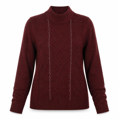 Tradition Women’s Burgundy UK 8 Roll Neck Argyle Beaded Jumper