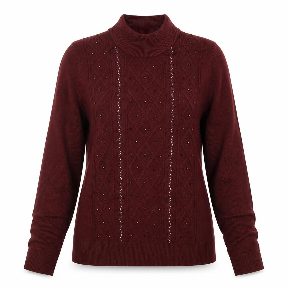 Tradition Women’s Burgundy UK 8 Roll Neck Argyle Beaded Jumper