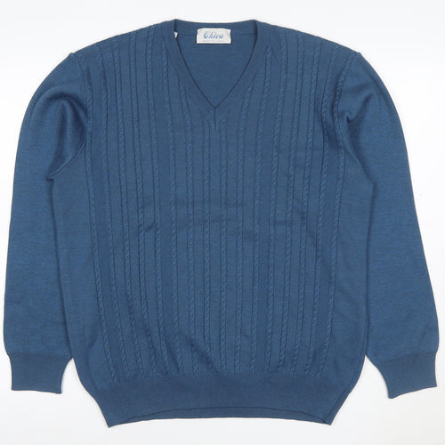 Chica Women Blue UK 22 Cable Knit Merino Wool V-Neck Pullover Jumper