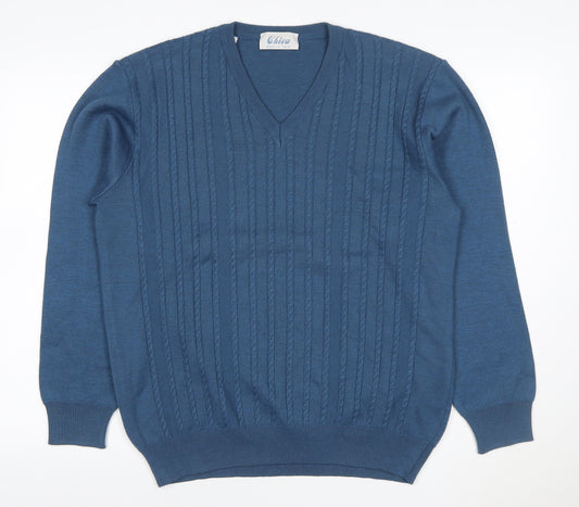 Chica Women Blue UK 22 Cable Knit Merino Wool V-Neck Pullover Jumper