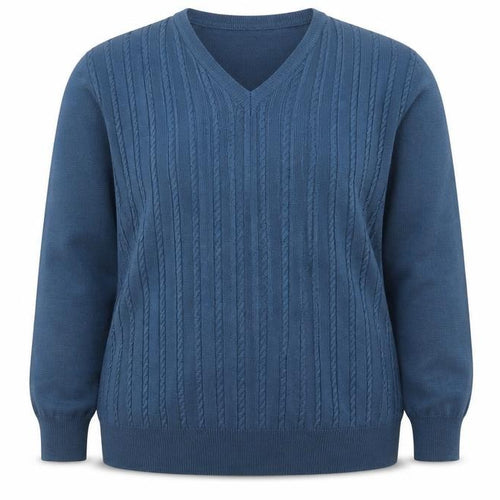 Chica Women Blue UK 22 Cable Knit Merino Wool V-Neck Pullover Jumper