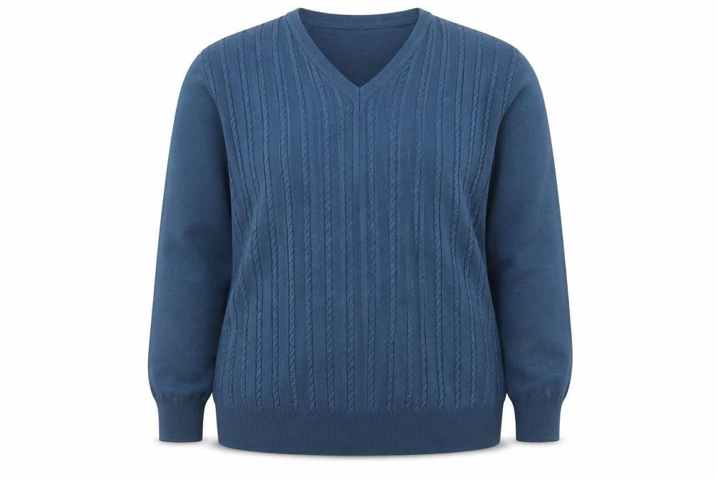 Chica Women Blue UK 22 Cable Knit Merino Wool V-Neck Pullover Jumper