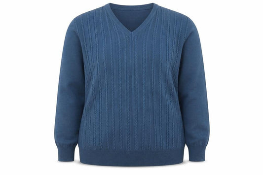 Front view of Chica Women Blue UK 22 Cable Knit Merino Wool V-Neck jumper