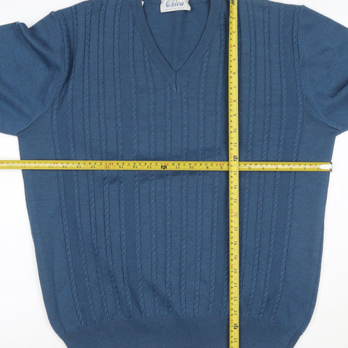 Chica Women Blue UK 22 Cable Knit Merino Wool V-Neck Pullover Jumper