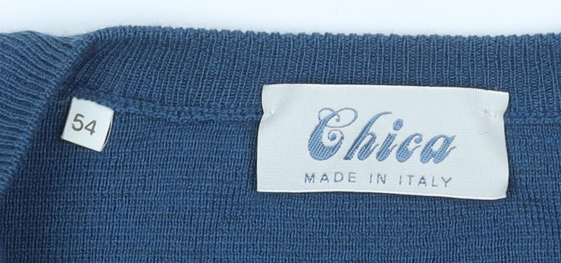 Chica Women Blue UK 22 Cable Knit Merino Wool V-Neck Pullover Jumper
