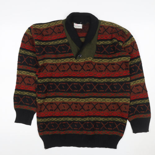 Gems Men’s Multicoloured M Henley Geometric Acrylic Knit Jumper Vintage