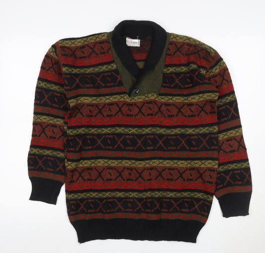 Gems Men’s Multicoloured M Henley Geometric Acrylic Knit Jumper Vintage