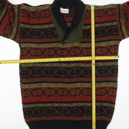 Gems Men’s Multicoloured M Henley Geometric Acrylic Knit Jumper Vintage