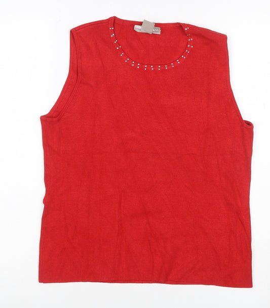 Tanjay Women Red Petite M Sleeveless Knit Vest Rhinestone Scoop Neck