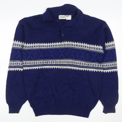 Puritan Men’s Blue M Fair Isle Collared Henley Acrylic Jumper