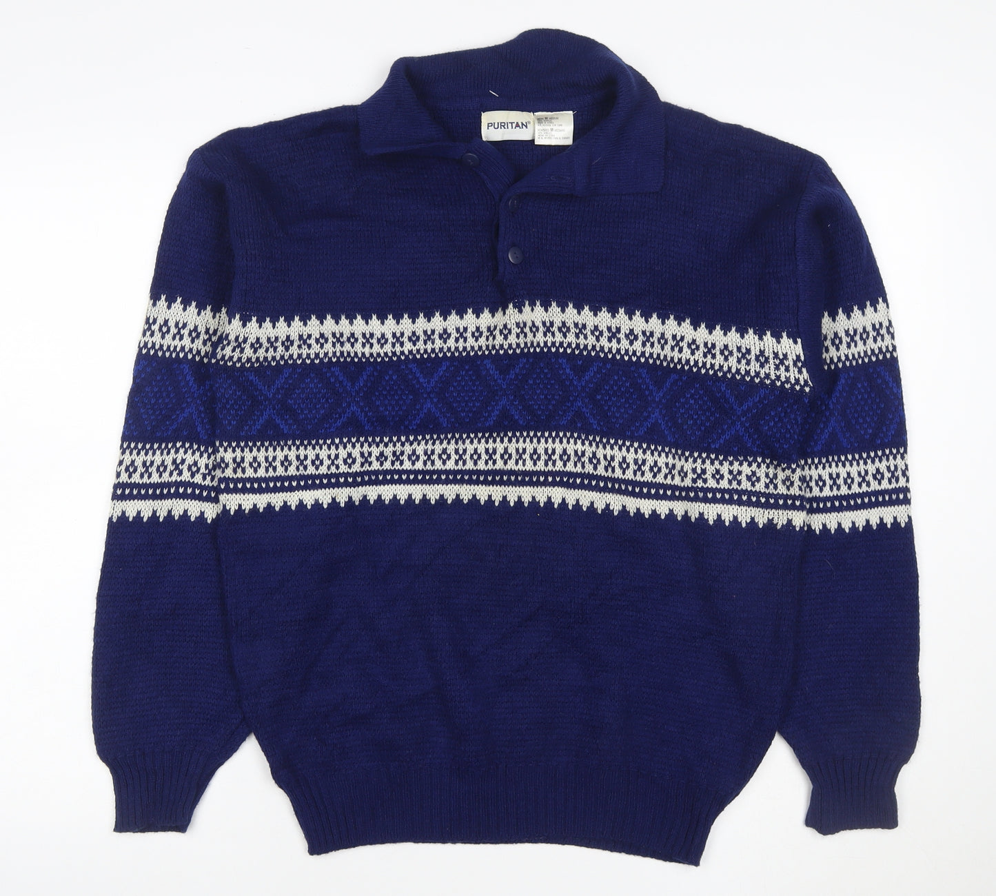 Puritan Men’s Blue M Fair Isle Collared Henley Acrylic Jumper
