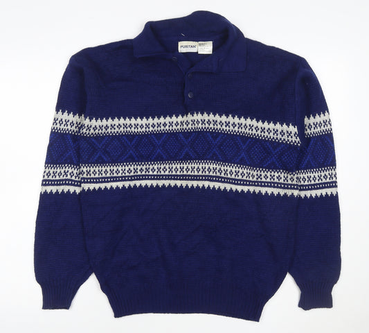 Puritan Men’s Blue M Fair Isle Collared Henley Acrylic Jumper