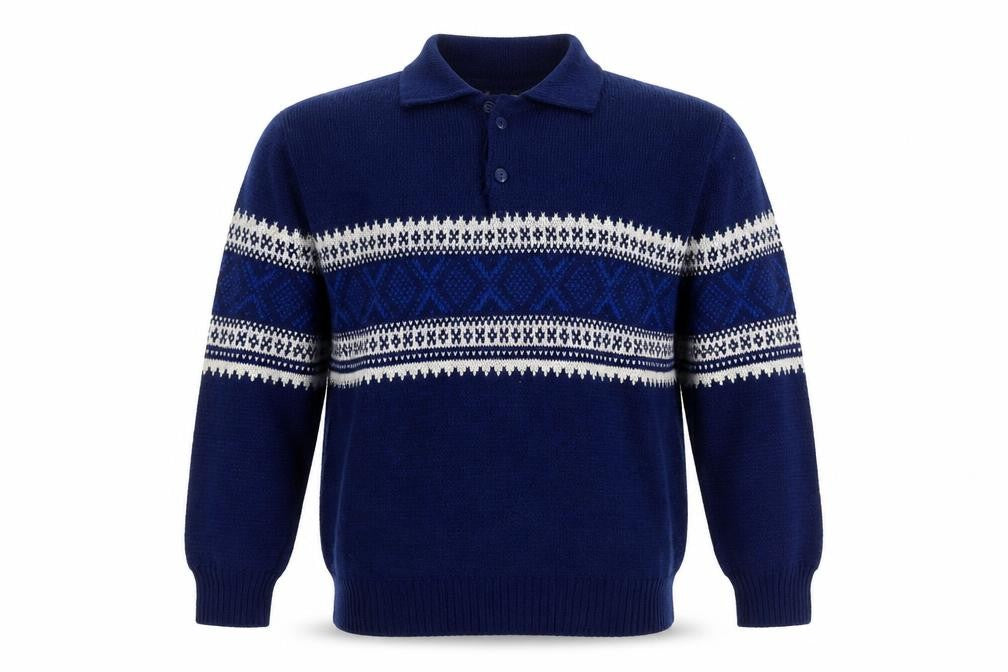 Front view of Puritan Men’s Blue M Fair Isle Collared Henley Acrylic Jumper